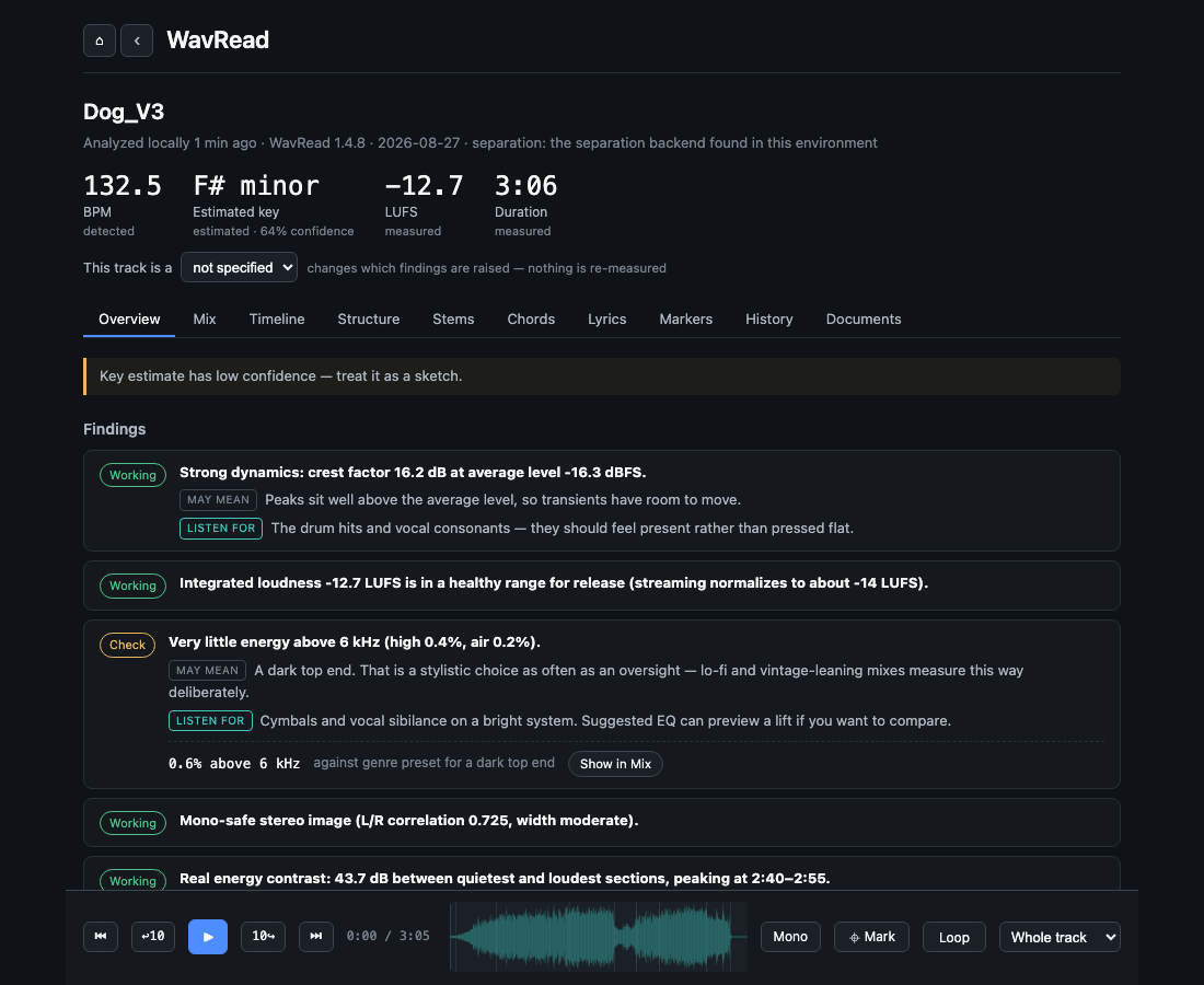 WavRead Track Workspace showing detected tempo, estimated key, measured loudness and duration, and evidence-based findings for an analyzed song.